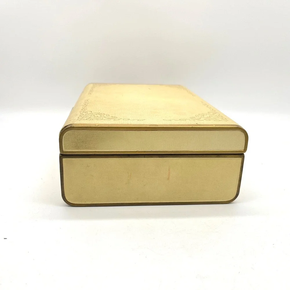 Vintage Farrington Jewelry Box Cream Faux Leather Gold Scrollwork Purple Velvet